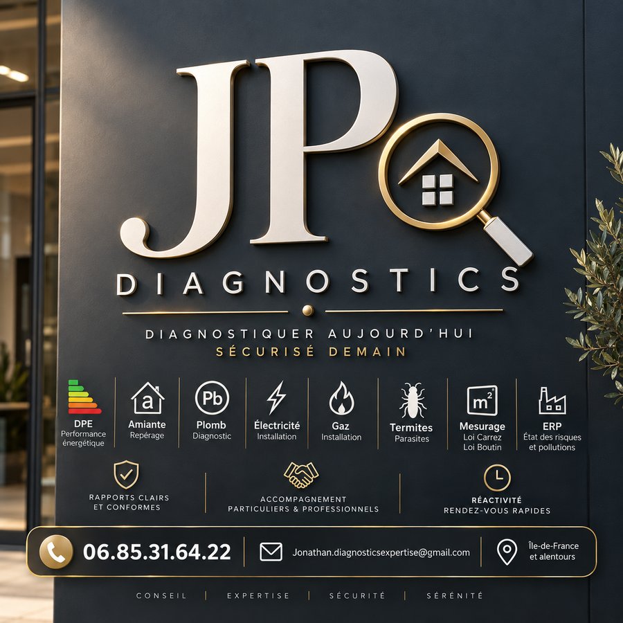JP Diagnostics — DPE, amiante, plomb, électricité, gaz, termites, mesurage, ERP. Réactivité, rapports clairs, intervention en Île-de-France. 06 85 31 64 22